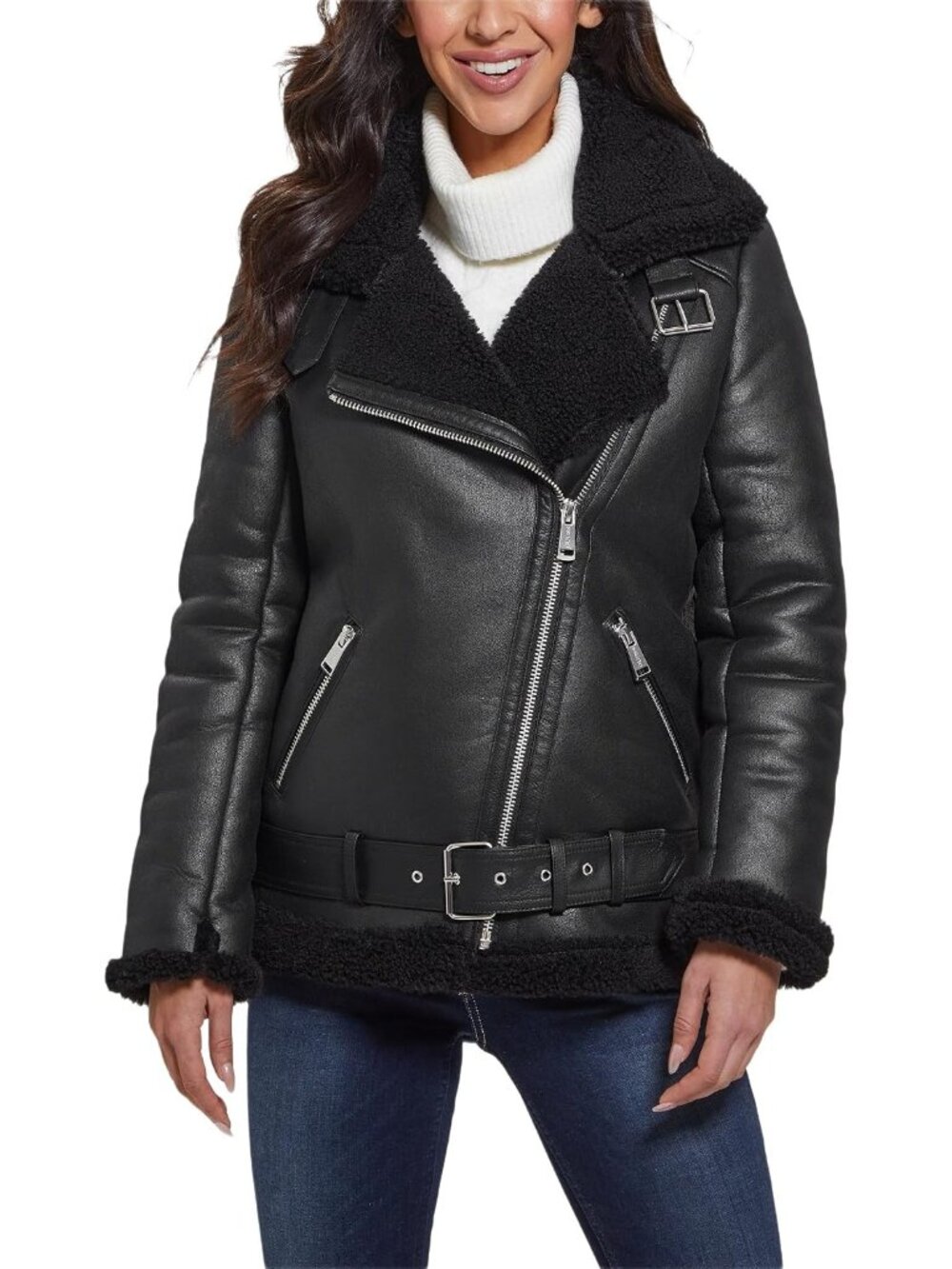 Guess Women's Jet Black Long Sleeve Notch Lena Belted Faux Shearling Jackets
